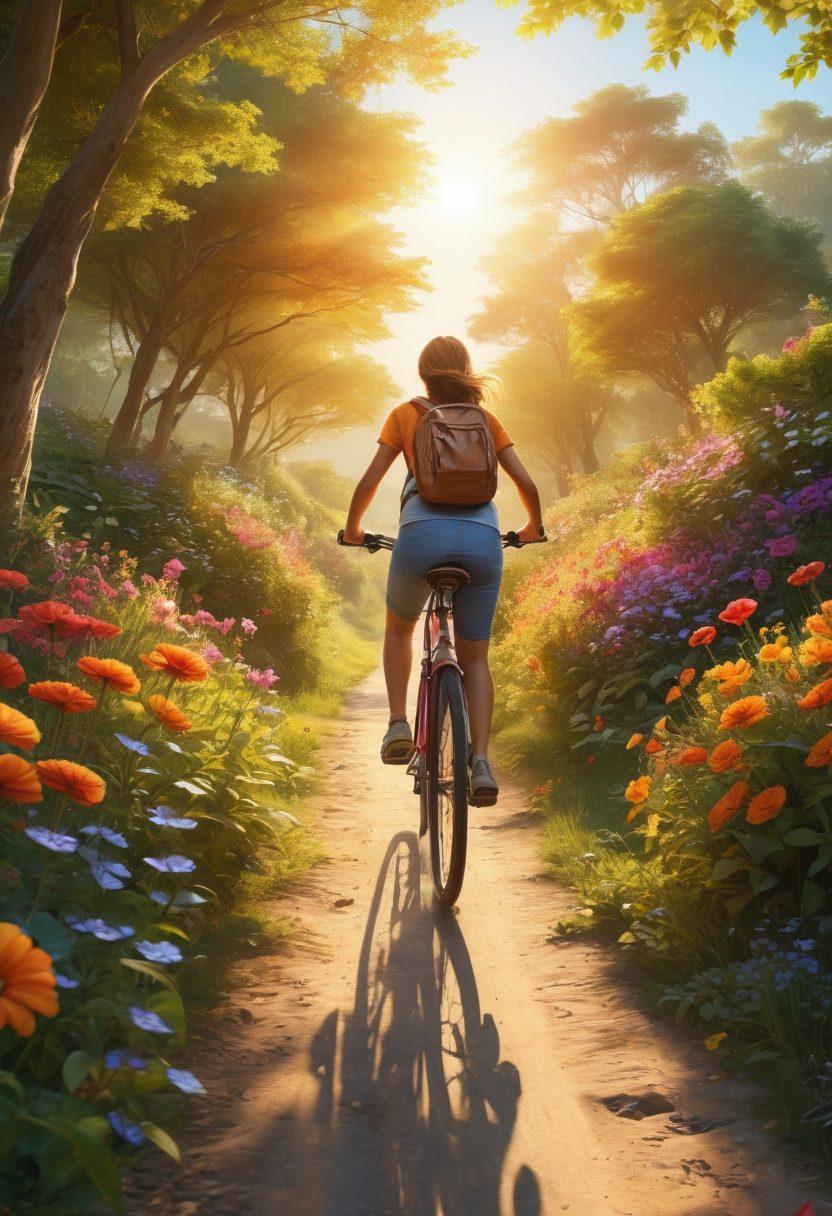 A vibrant scene depicting a person joyfully riding a bicycle along a scenic path, surrounded by lush greenery and colorful flowers, symbolizing a journey of transformation. In the background, a bright sun shines, bathing the landscape in golden light, while playful butterflies flutter around, enhancing the cheerful ambiance. The overall feeling is one of adventure and joy, inspiring a sense of freedom and enjoyment in every step of the journey. super-realistic. vibrant colors. 3D.