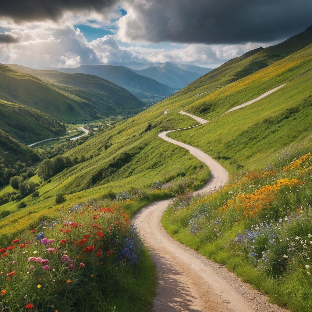 A winding road through a picturesque landscape, with lush green hills and vibrant wildflowers alongside, symbolizing the journey to happiness. Soft sunlight filtering through fluffy clouds, casting gentle shadows. Include a person walking joyfully along the road, with a backpack and a camera, capturing the beauty around. Emphasize a serene and inviting atmosphere, inviting viewers to embrace every moment. super-realistic. vibrant colors. panoramic view.