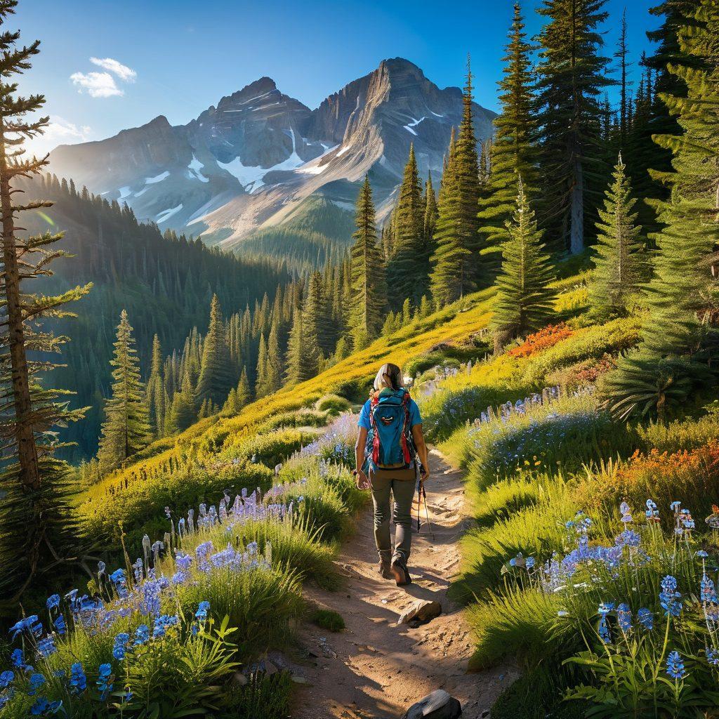 A serene forest trail bathed in golden sunlight, with a happy hiker pausing to admire vibrant flowers along the path. In the background, majestic mountains and a bright blue sky enhance the sense of adventure and tranquility. The hiker is wearing a backpack, radiating joy and a spirit of exploration. The scene exudes warmth, positivity, and connection with nature. super-realistic. vibrant colors. 3D.
